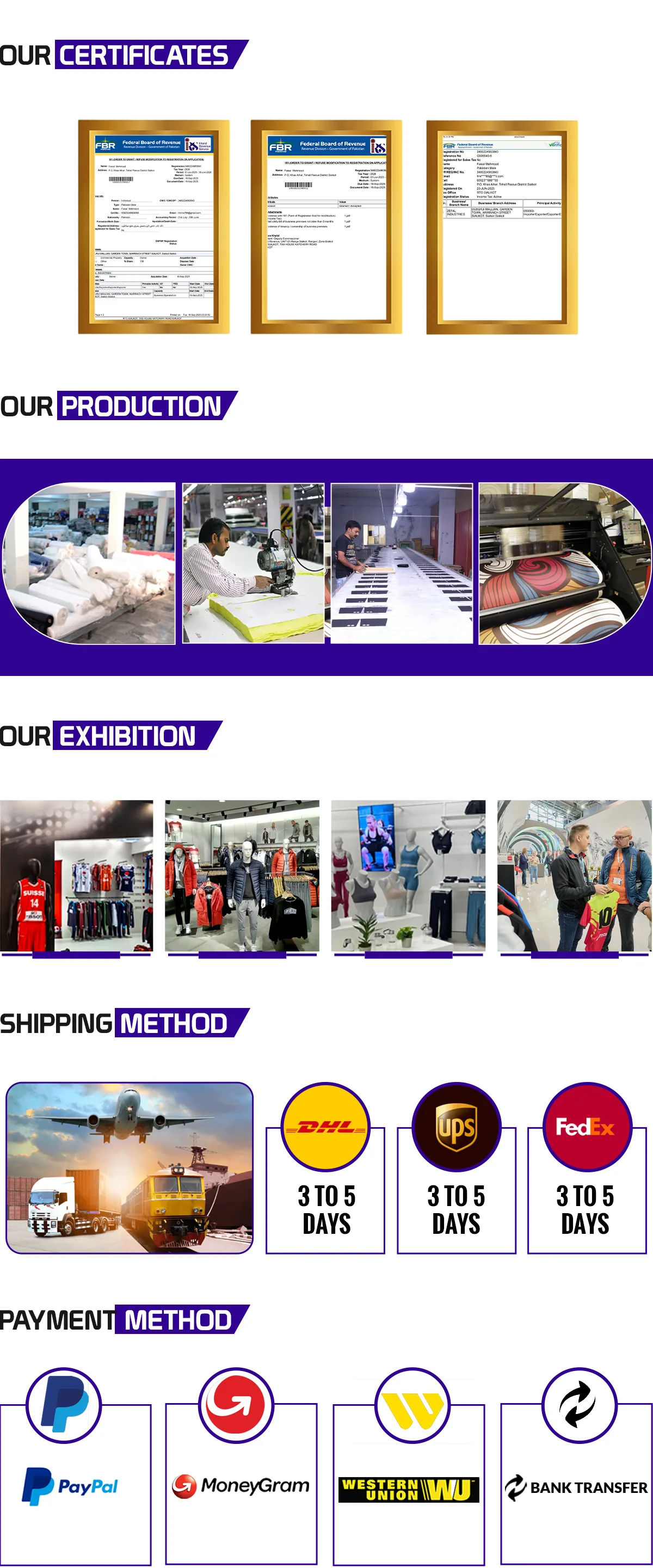 Credentials banner published on the Zefal Industries Alibaba storefront — FBR tax-registration certificates, factory production photographs, trade-exhibition photographs, shipping and payment methods