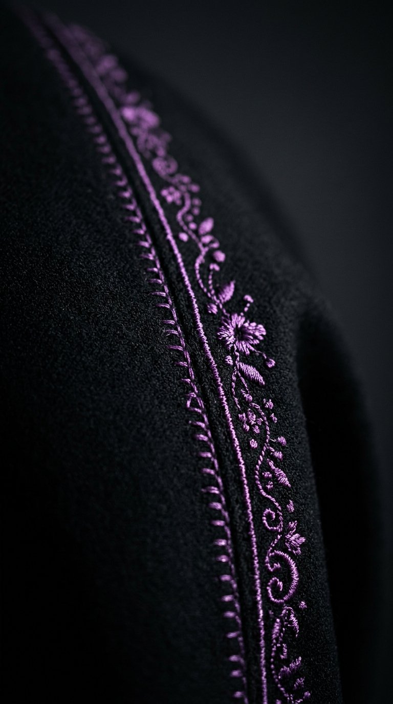 Purple embroidery stitching detail on black fabric